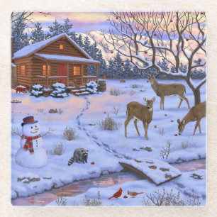 Winter Cabin Deer In Snow Christmas Scene Glass Coaster