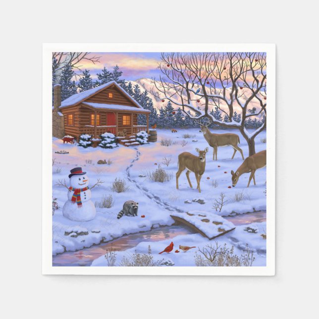 Winter Cabin Deer In Snow Christmas Scene Napkin (Front)