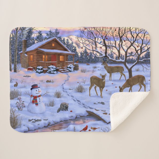 Winter Cabin Deer In Snow Christmas Scene Sherpa Blanket (Front (Horizontal))