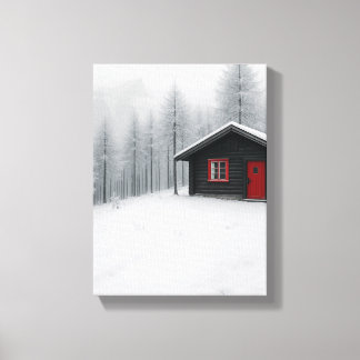 Winter Cabin in Snowy Forest Minimalist Landscape Canvas Print