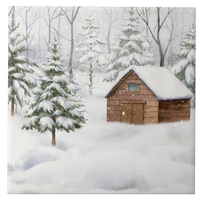 Winter Cabin in Snowy Forest Watercolor Tile (Front)