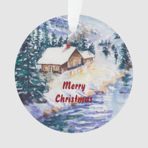 Winter Cabin on the River Painterly Snowscape Ornament