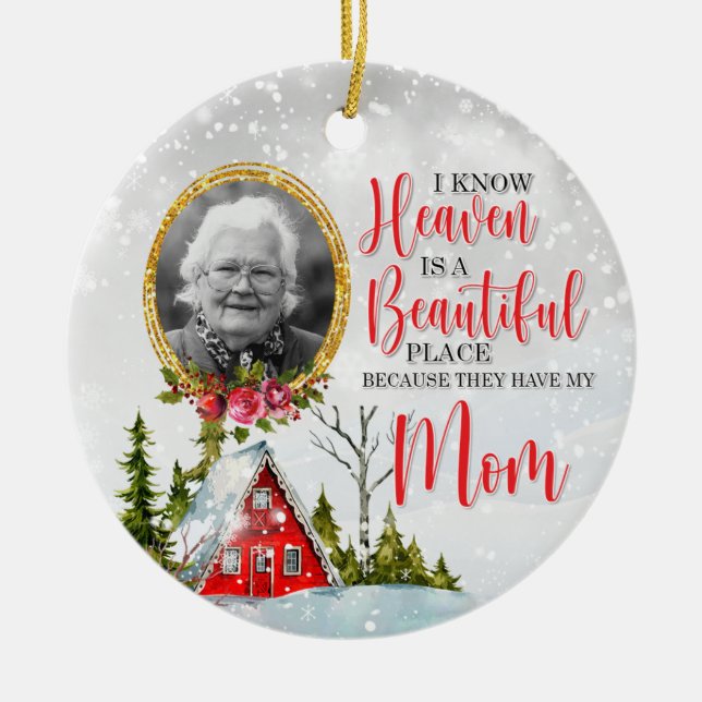 Winter Cabin Personalised Memorial Photo Ceramic Tree Decoration (Front)