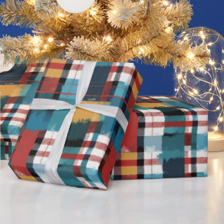 Winter Cabin Plaid in Teal Yellow Red and White Wrapping Paper
