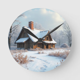 winter cabin round clock