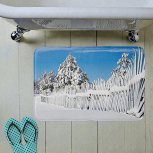 Winter Cabin Rusty Snowy Ski Fence Trees Photo Bath Mat