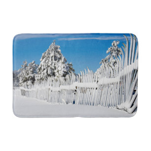 Winter Cabin Rusty Snowy Ski Fence Trees Photo Bath Mat