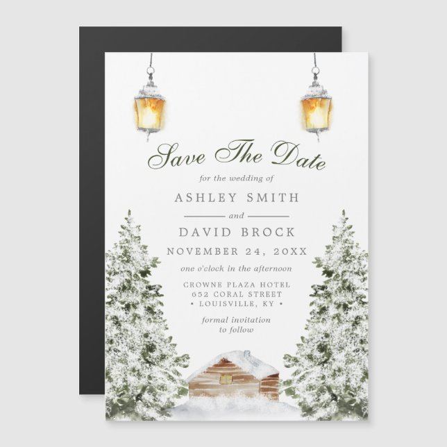 Winter Cabin Save The Date Magnet | Rustic Snow (Front/Back)