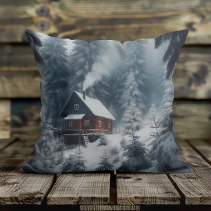 Winter Cabin Scene with Snow & Pine Trees Cushion
