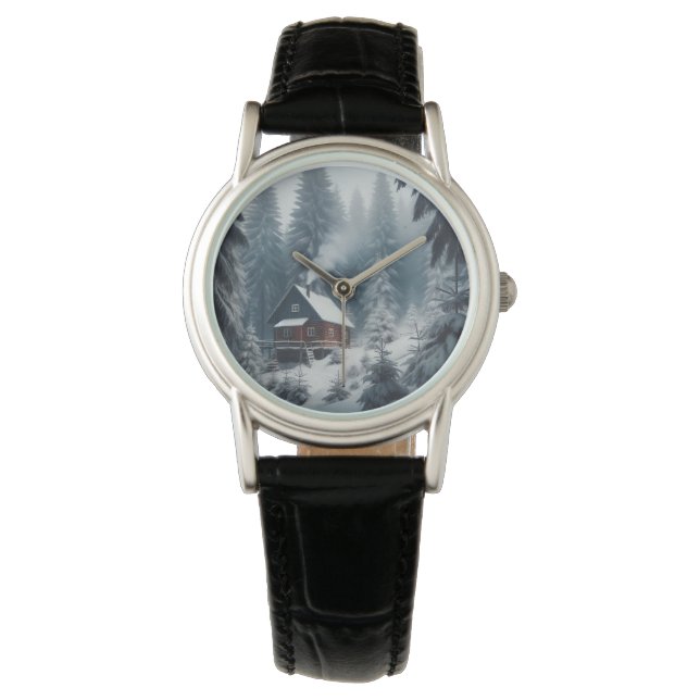 Winter Cabin Scene with Snow & Pine Trees Watch (Front)
