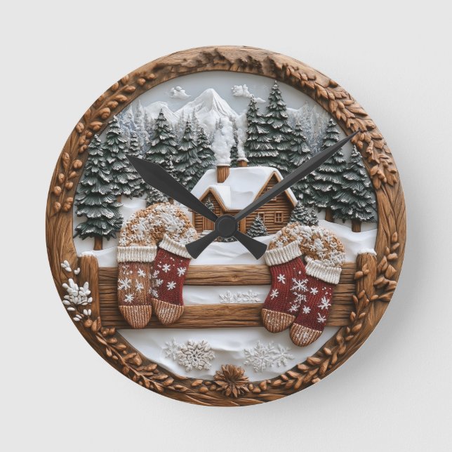 Winter cabin with mittens round clock (Front)