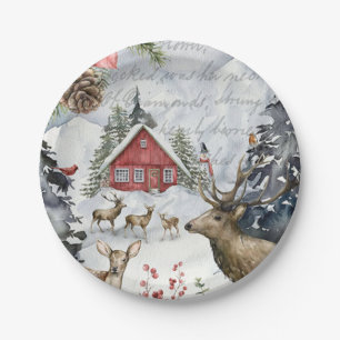Winter Cabin Woodland Forest Paper Plate