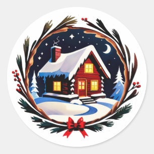 Winter Cabin Wrapped in a Festive Wreath Classic Round Sticker