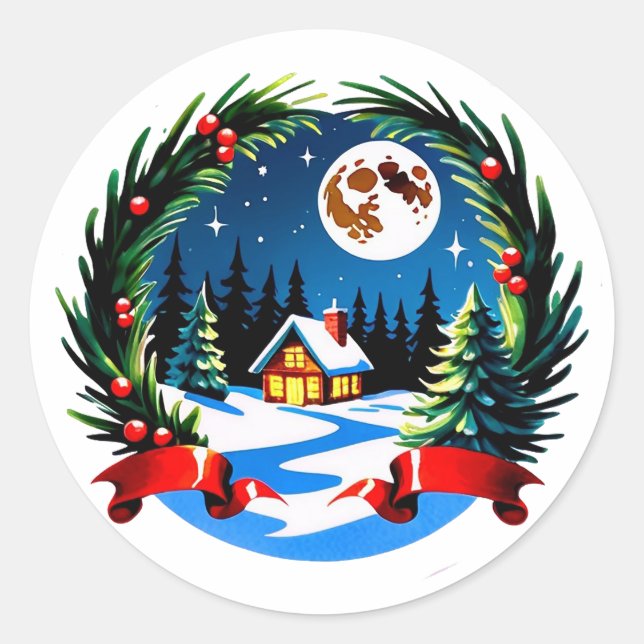 Winter Cabin Wrapped in a Festive Wreath Classic Round Sticker (Front)