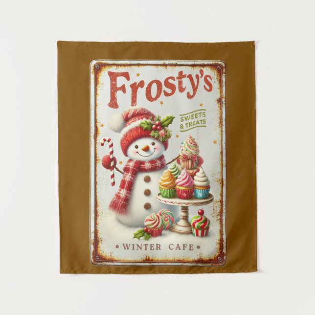 Winter Cafe Christmas snowman cool rustic art Tapestry (Front)