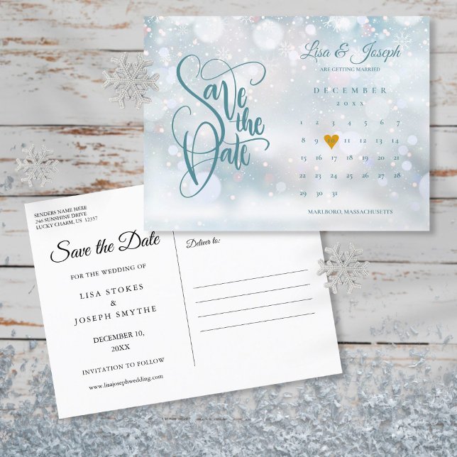 Winter Calendar Gold Heart Save the Date  Announcement Postcard (Creator Uploaded)