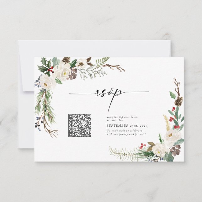 Winter Calligraphy Botanicals QR Code Wedding RSVP Invitation (Front)