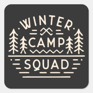 Winter camp camping trip squad mountains retro square sticker