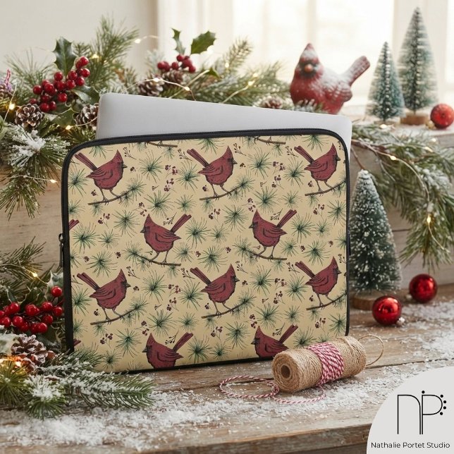 Winter Cardinal Gold Laptop Sleeve (This winter laptop sleeve features hand-drawn cardinals on pine for elegant holiday protection.)