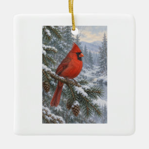 Winter Cardinal in a Snowy Pine Forest Ceramic Ornament