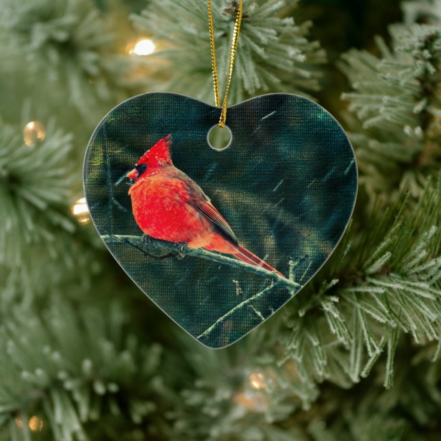 Winter Cardinal in Snowstorm - Enhanced Ceramic Tree Decoration (Tree)