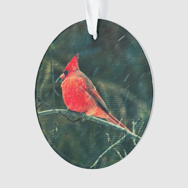 Winter Cardinal in Snowstorm - Enhanced Ornament (Front)