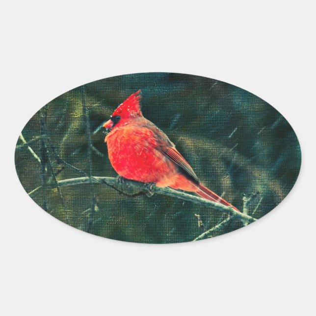 Winter Cardinal in Snowstorm - Enhanced Oval Sticker (Front)