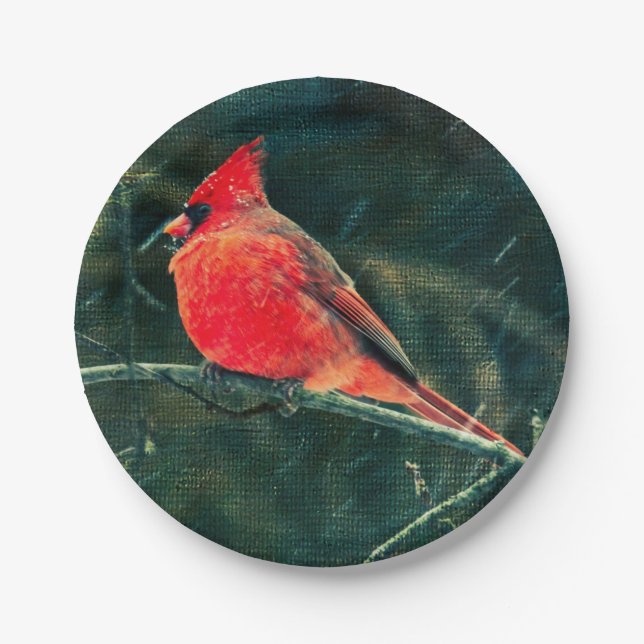Winter Cardinal in Snowstorm - Enhanced Paper Plate (Front)