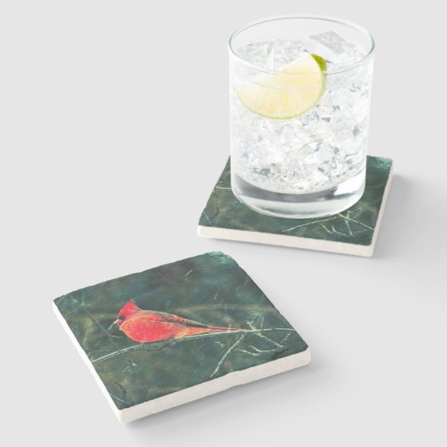Winter Cardinal in Snowstorm - Enhanced Stone Coaster (Side)