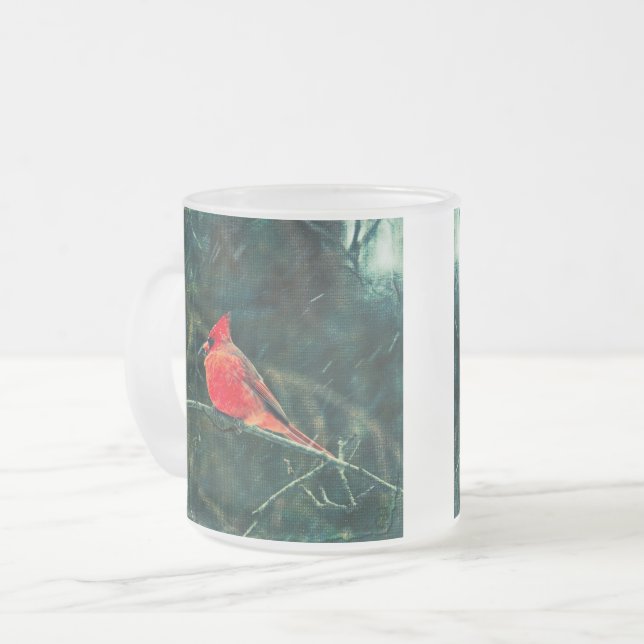 Winter Cardinal in Snowstorm Frosted Mug Enhanced (Front Left)