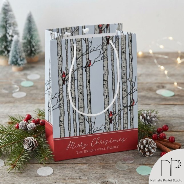 Winter Cardinal Light Blue Gift Bag (This winter cardinal gift bag features hand-drawn art for elegant, festive holiday gift-giving.)