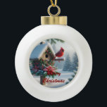Winter Cardinal on a Festive Birdhouse Ceramic Ball Christmas Ornament<br><div class="desc">Winter Cardinal on a Festive Birdhouse Bring the serene beauty of a winter wonderland to your home with this stunning AI-generated image. A vibrant red cardinal, a symbol of hope and joy, perches gracefully on a rustic, snow-covered birdhouse. The birdhouse is beautifully adorned with a festive Christmas wreath featuring bright...</div>