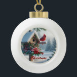 Winter Cardinal on a Festive Birdhouse Ceramic Ball Christmas Ornament<br><div class="desc">Winter Cardinal on a Festive Birdhouse Bring the serene beauty of a winter wonderland to your home with this stunning AI-generated image. A vibrant red cardinal, a symbol of hope and joy, perches gracefully on a rustic, snow-covered birdhouse. The birdhouse is beautifully adorned with a festive Christmas wreath featuring bright...</div>