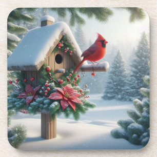 Winter Cardinal on a Festive Birdhouse Coaster