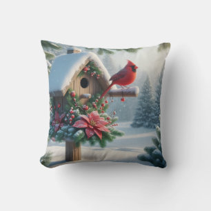 Winter Cardinal on a Festive Birdhouse Cushion