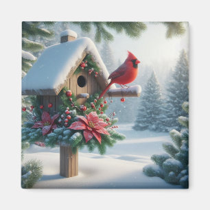 Winter Cardinal on a Festive Birdhouse Magnet