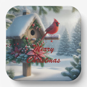 Winter Cardinal on a Festive Birdhouse Paper Plate