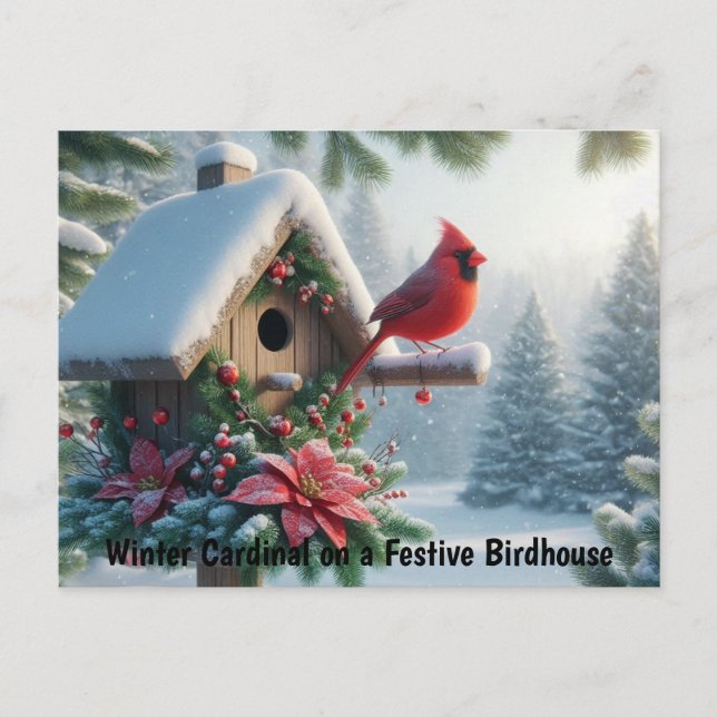 Winter Cardinal on a Festive Birdhouse Postcard (Front)