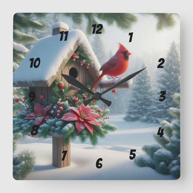 Winter Cardinal on a Festive Birdhouse Square Wall Clock (Front)