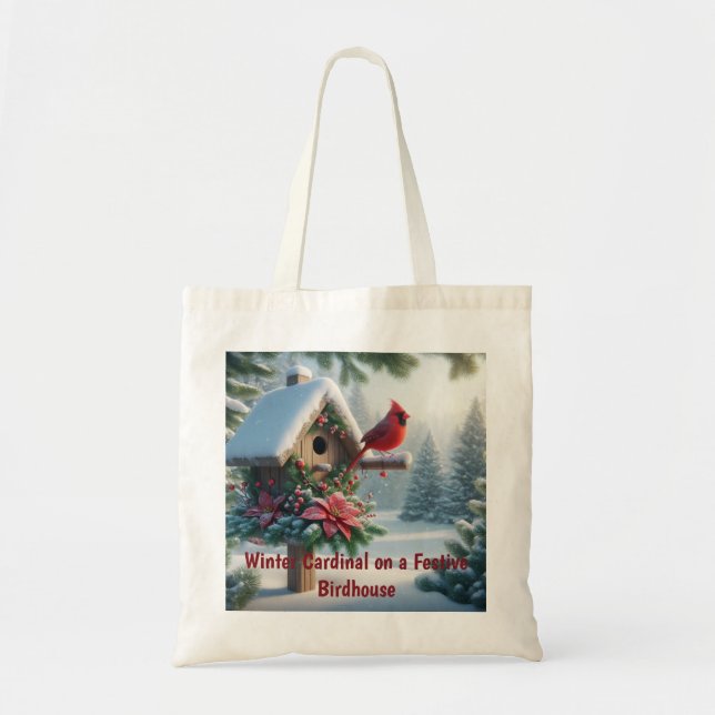 Winter Cardinal on a Festive Birdhouse Tote Bag (Front)
