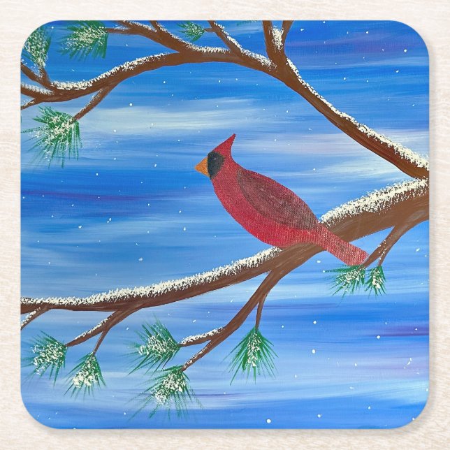 Winter Cardinal Square Paper Coaster (Front)