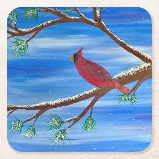 Winter Cardinal Square Paper Coaster