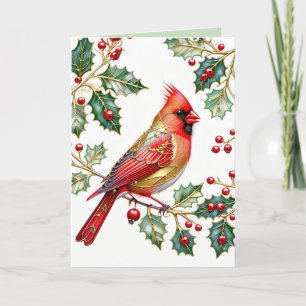 Winter Cardinal With Holly  Holiday Card