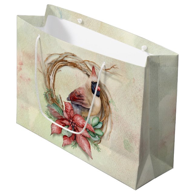 Winter Cardinal with Poinsettia Large Gift Bag (Front Angled)