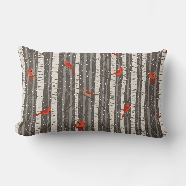 Winter Cardinals in Birch Trees Lumbar Cushion (Front)
