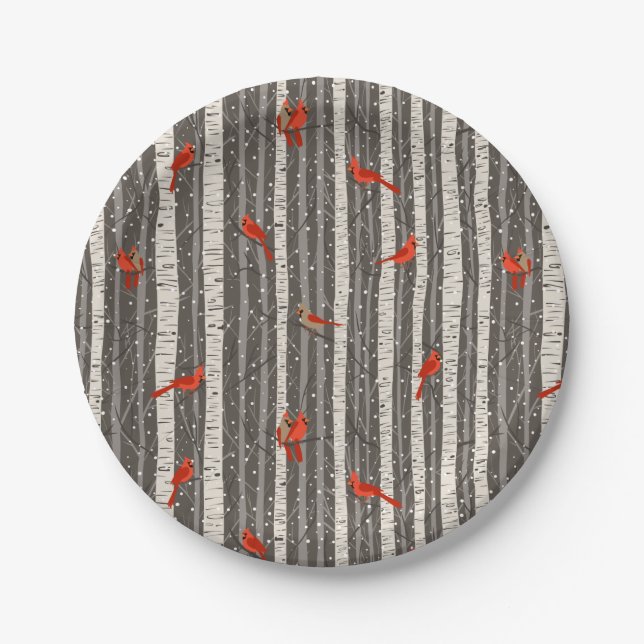 Winter Cardinals in Birch Trees Paper Plate (Front)
