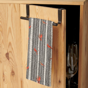 Winter Cardinals in Birch Trees Tea Towel