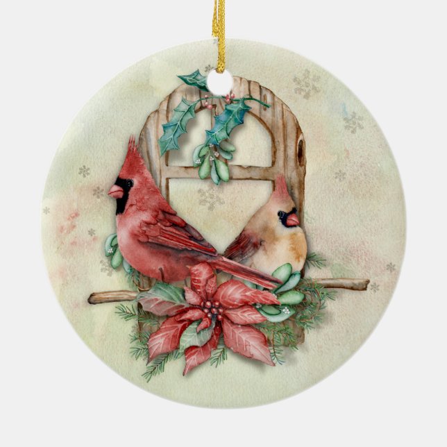 Winter Cardinals Pair with Poinsettia Ceramic Tree Decoration (Back)