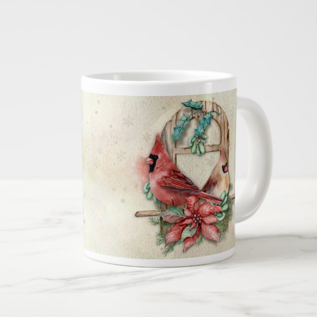 Winter Cardinals Pair with Poinsettia Large Coffee Mug (Front Right)