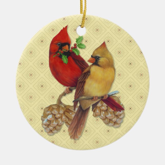 Winter Cardinals Pine and Holly Ceramic Tree Decoration (Front)